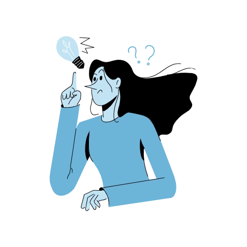 Person with a light bulb and question marks above their head, indicating brainstorming or thinking